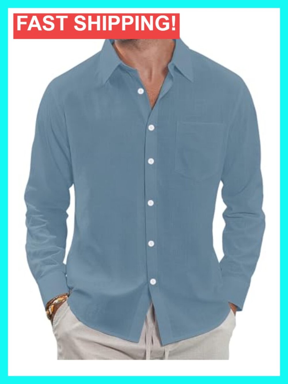 Men's Linen Button Down Shirt Casual Long Sleeve Spread Collar with Pocket